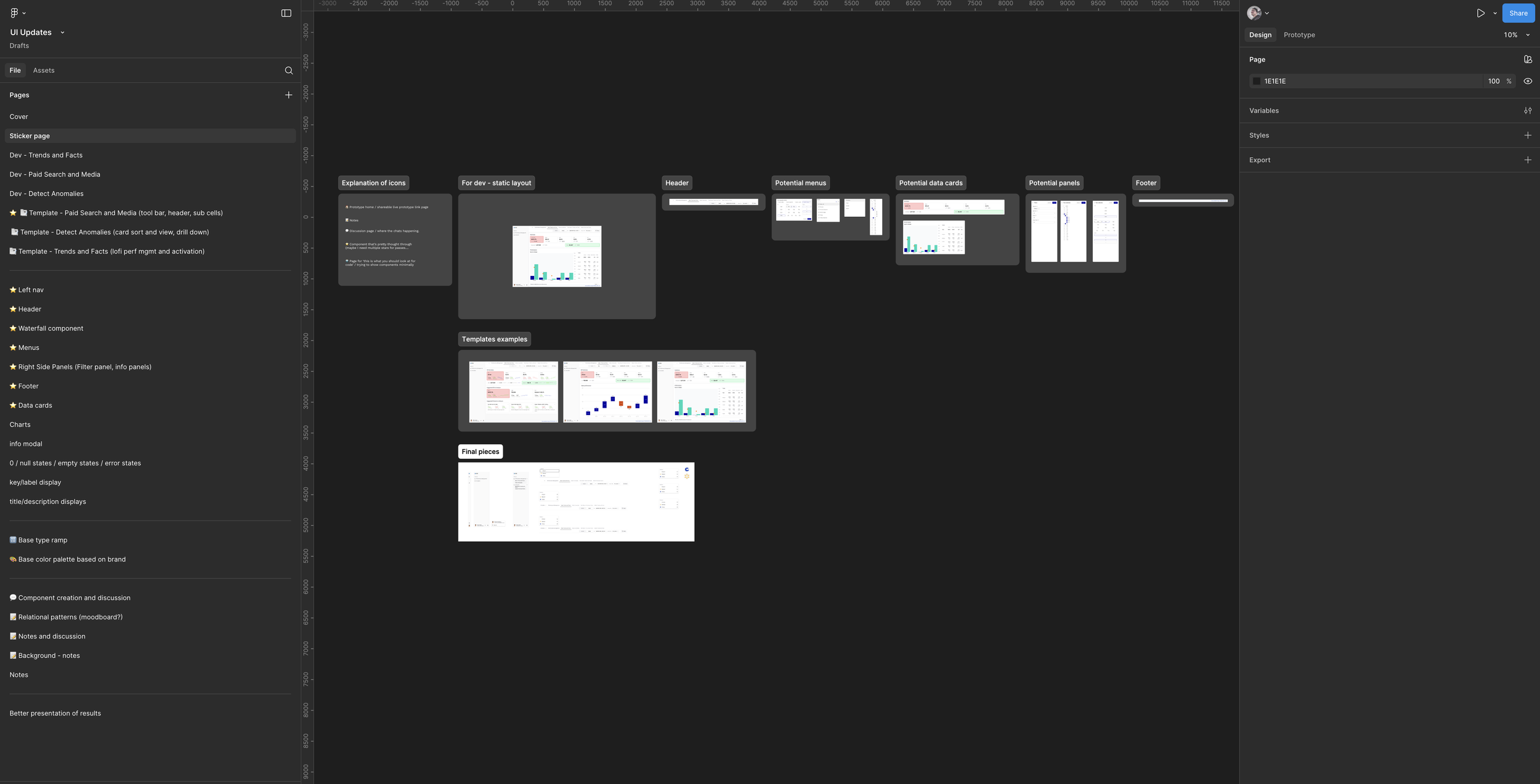 Exploration board displaying component library variations including button styles, form inputs, navigation patterns, and layout options as design frameworks converge