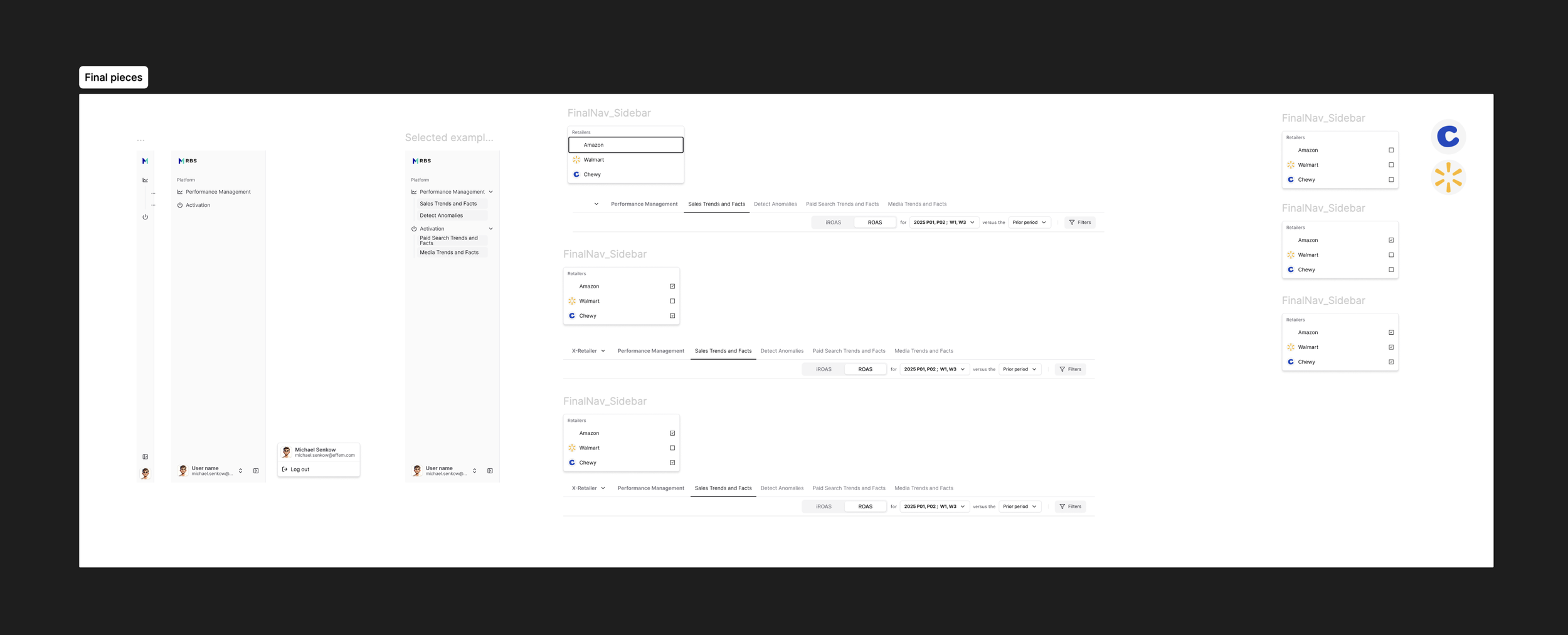 Final exploration board showing narrowed design direction with selected UI patterns, component specifications, and visual style decisions after stakeholder feedback and evaluation