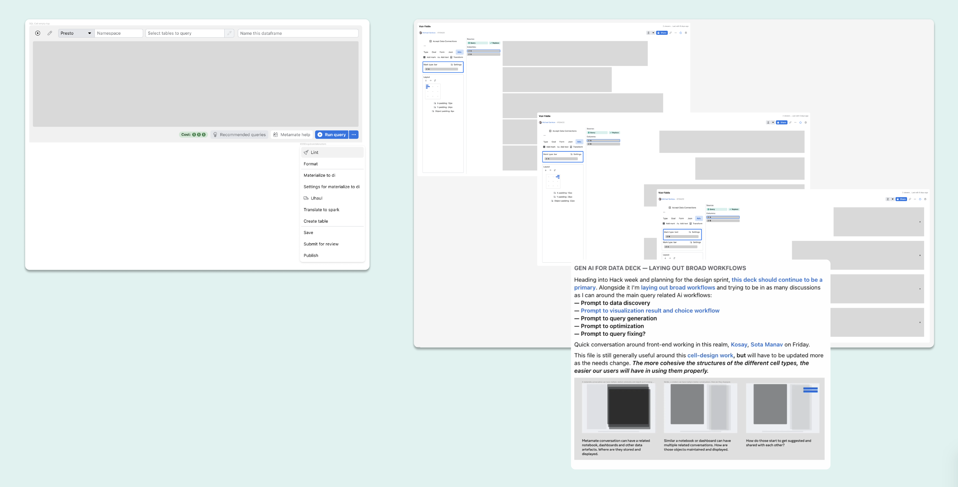 AI workflow concepts for data tools showing query interface, prompt-to-visualization workflows, query generation, and relationships between conversations, notebooks, and dashboards