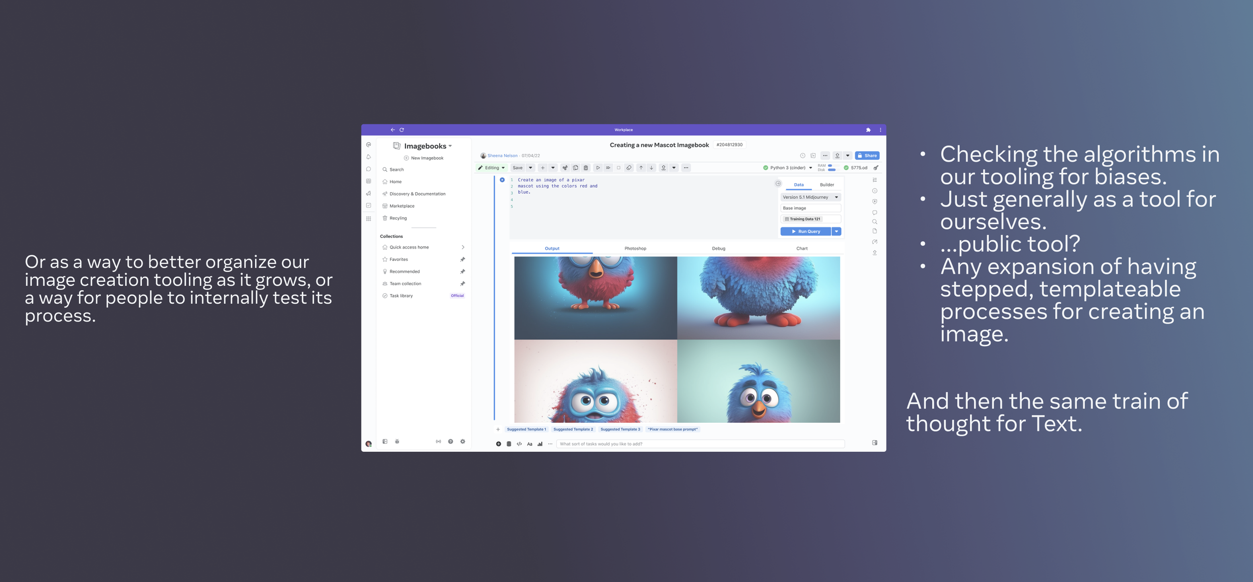 Presentation slide showing unified notebooks vision and Daiquery concept overview, reflecting organizational priorities and scope adjustments