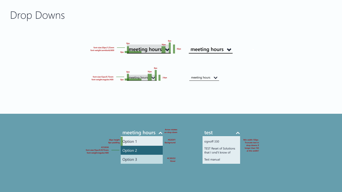 Dropdown component specifications with interaction states, accessibility considerations, and usage patterns