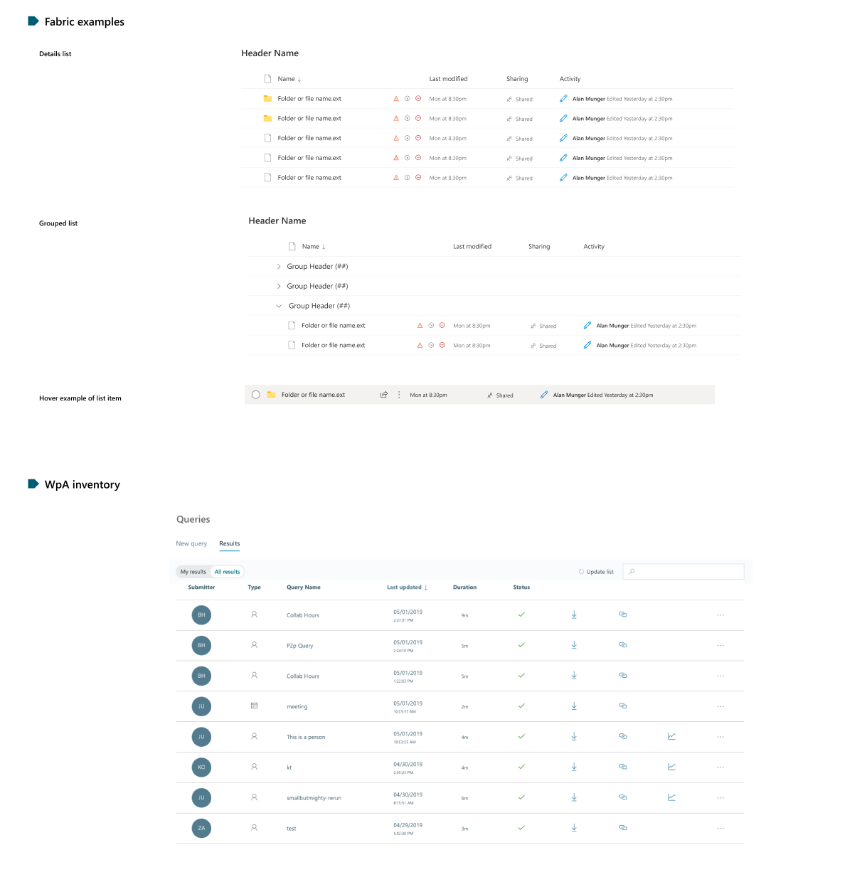 Implementation example showing consistent component usage across different product areas