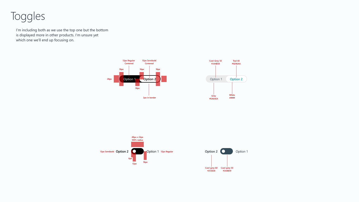Toggle component specifications showing on/off states, accessibility features, and implementation details