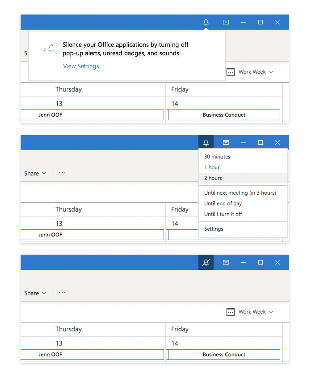 Concept explorations showing multiple variations of silence mode features including different notification blocking approaches, scheduling interfaces, and user control options