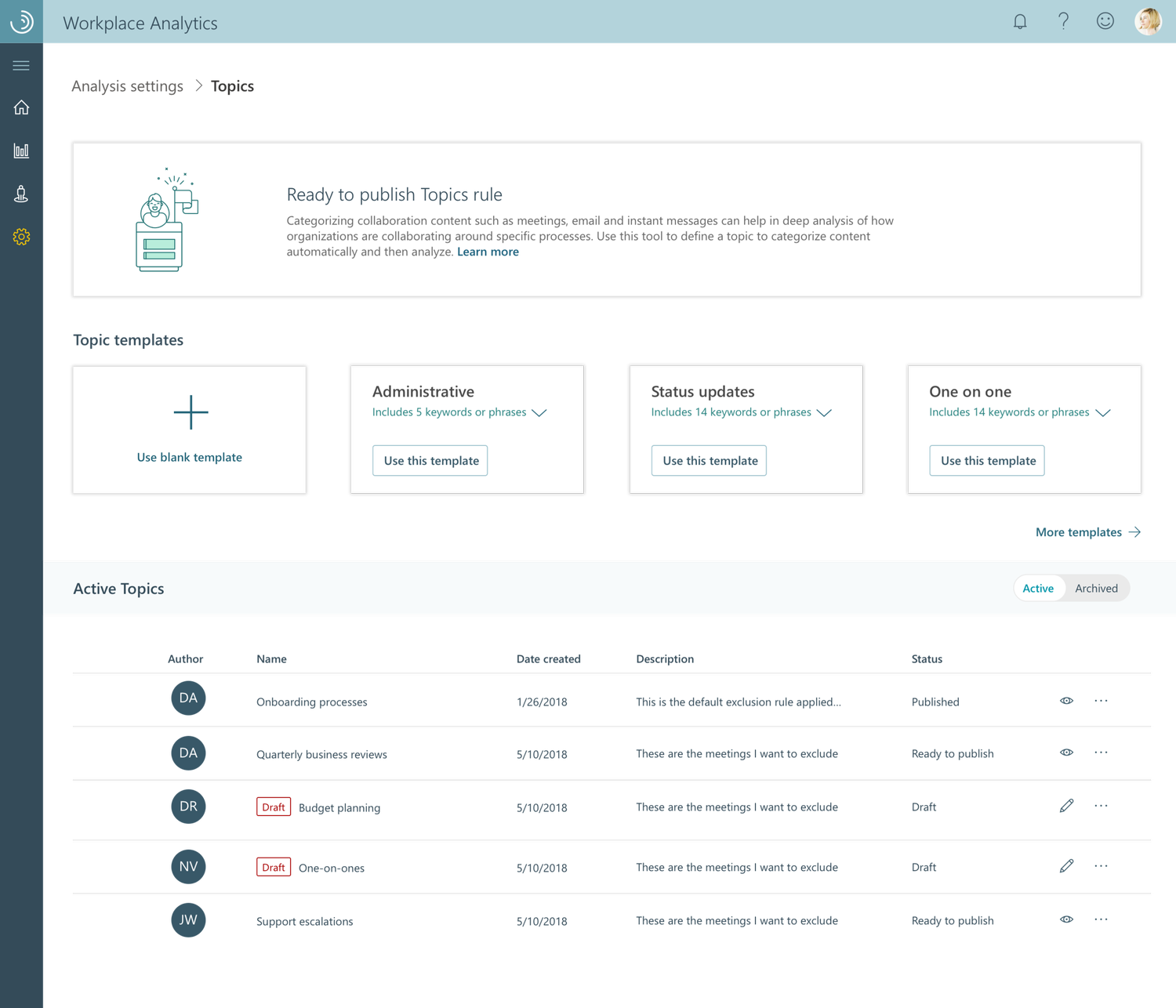 Initial design showing template home screen for keyword analysis with template selection interface