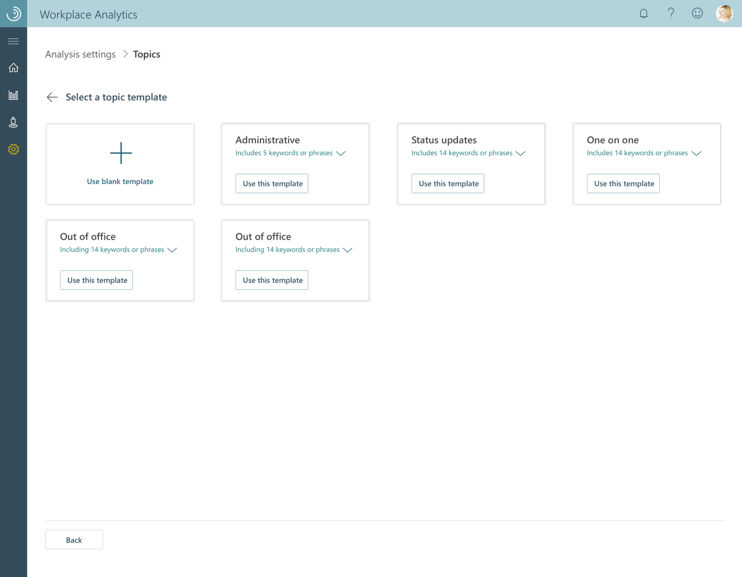 Initial design displaying additional template options view for keyword analysis workflows