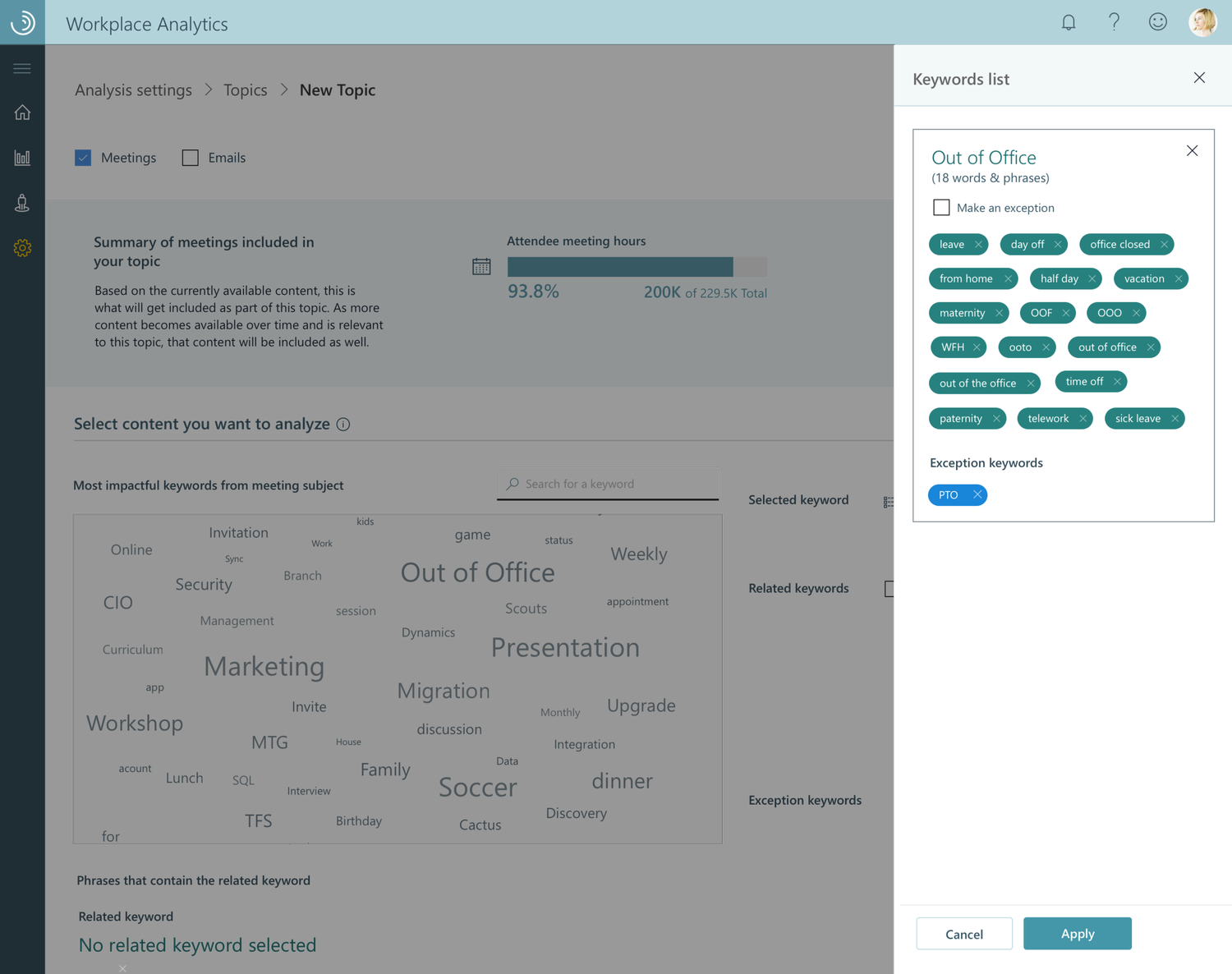 Initial design showing add to keyword list interface for adding keywords