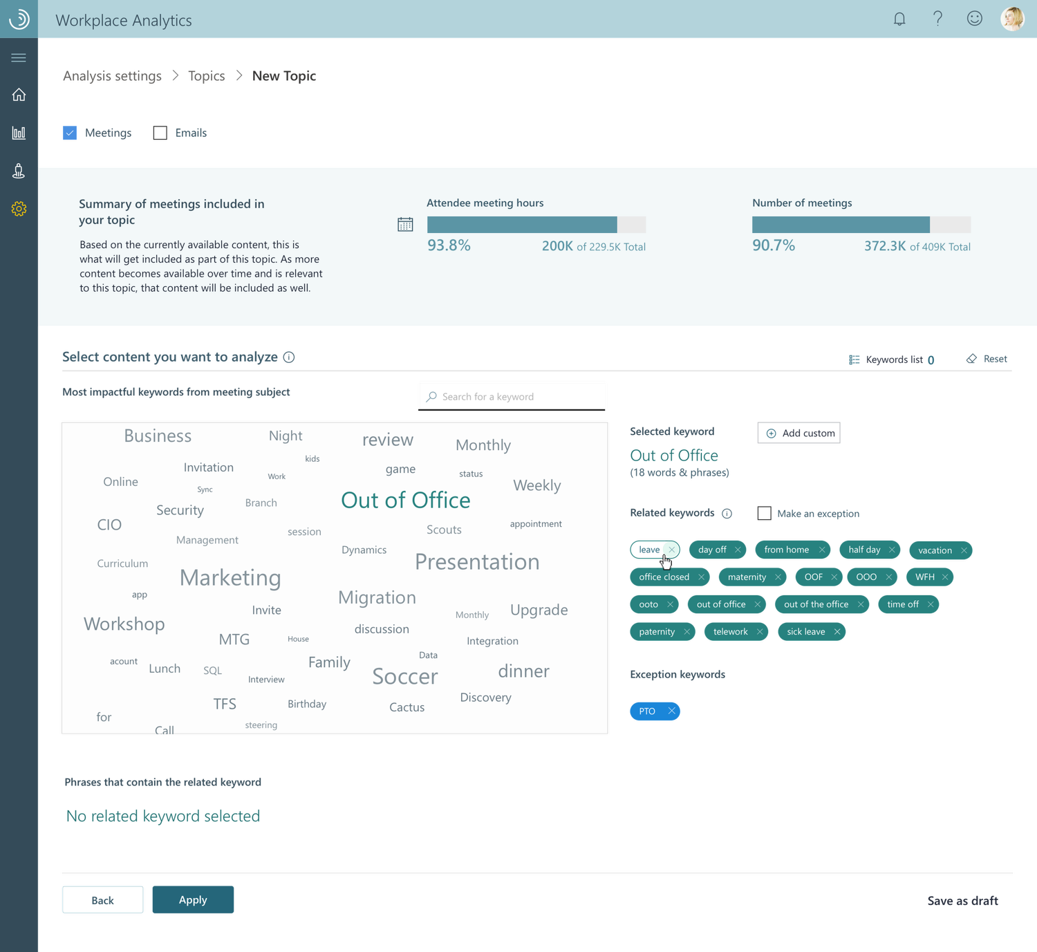 Initial design showing make exception interface with keyword exclusion controls