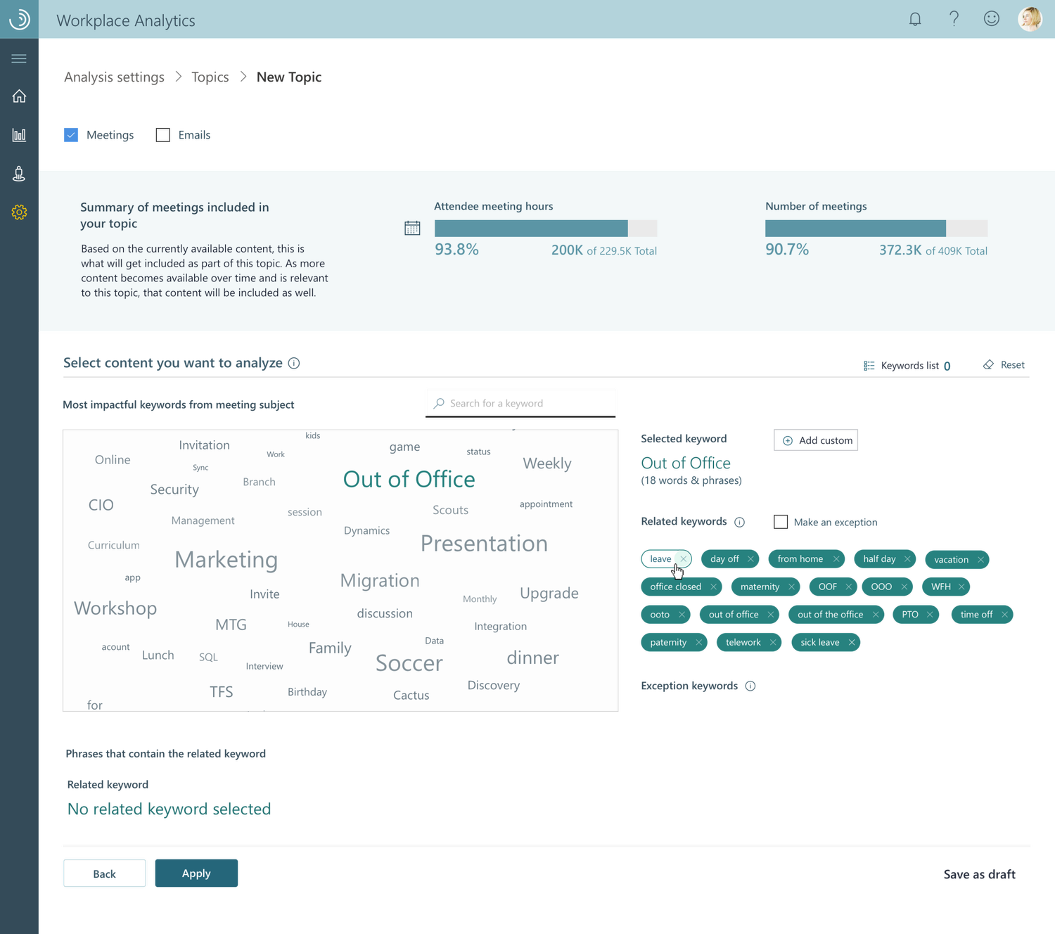 Initial design showing keyword hover interaction with tooltip and detail information